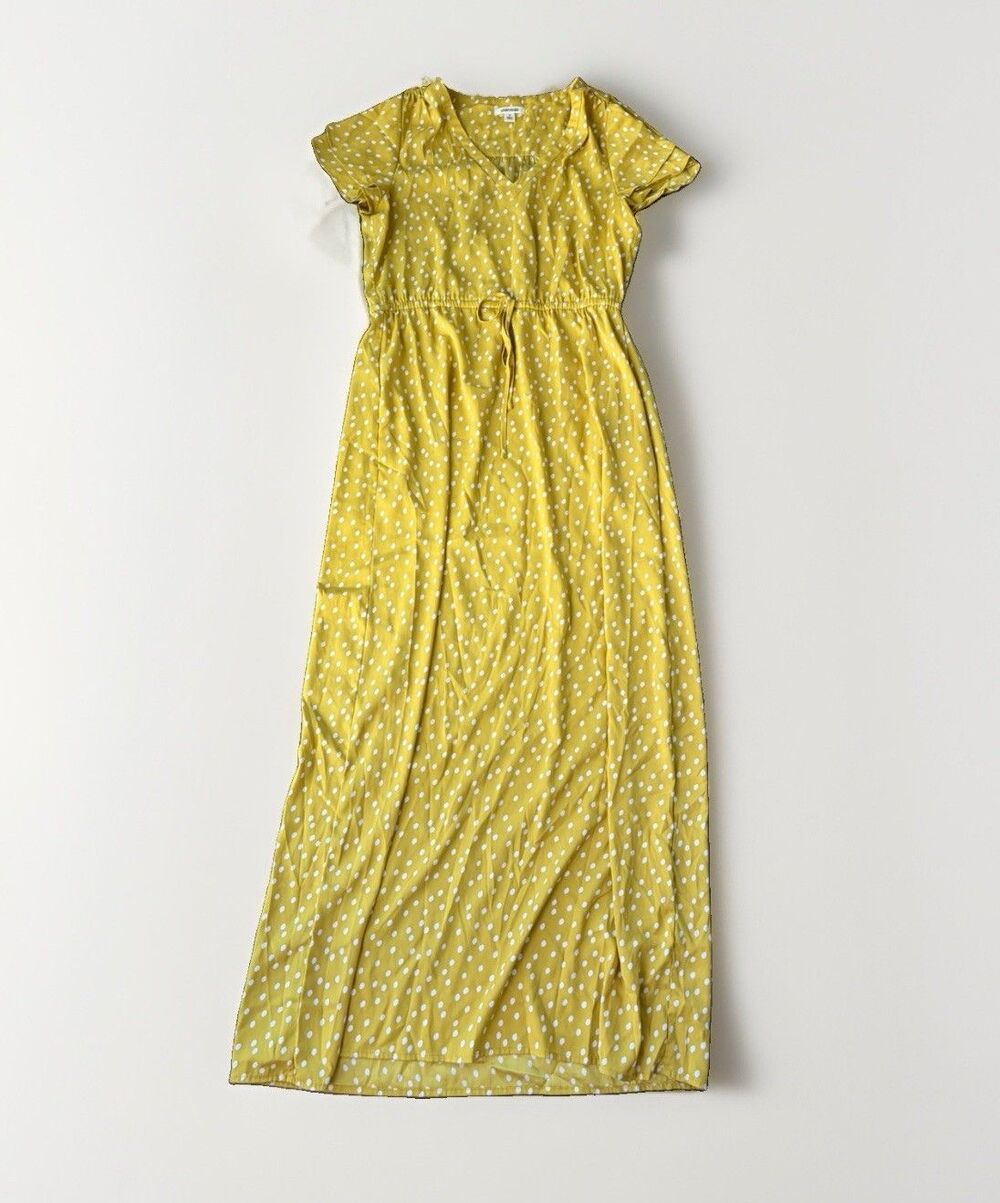 Goodthreads Womens Dress Size S Green Yellow Polka Dot Short Sleeve V-Neck Maxi